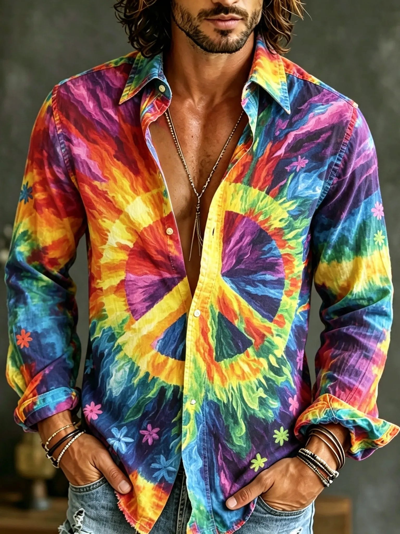 Men's Retro Hippie Style Floral Print Cotton Linen Shirt