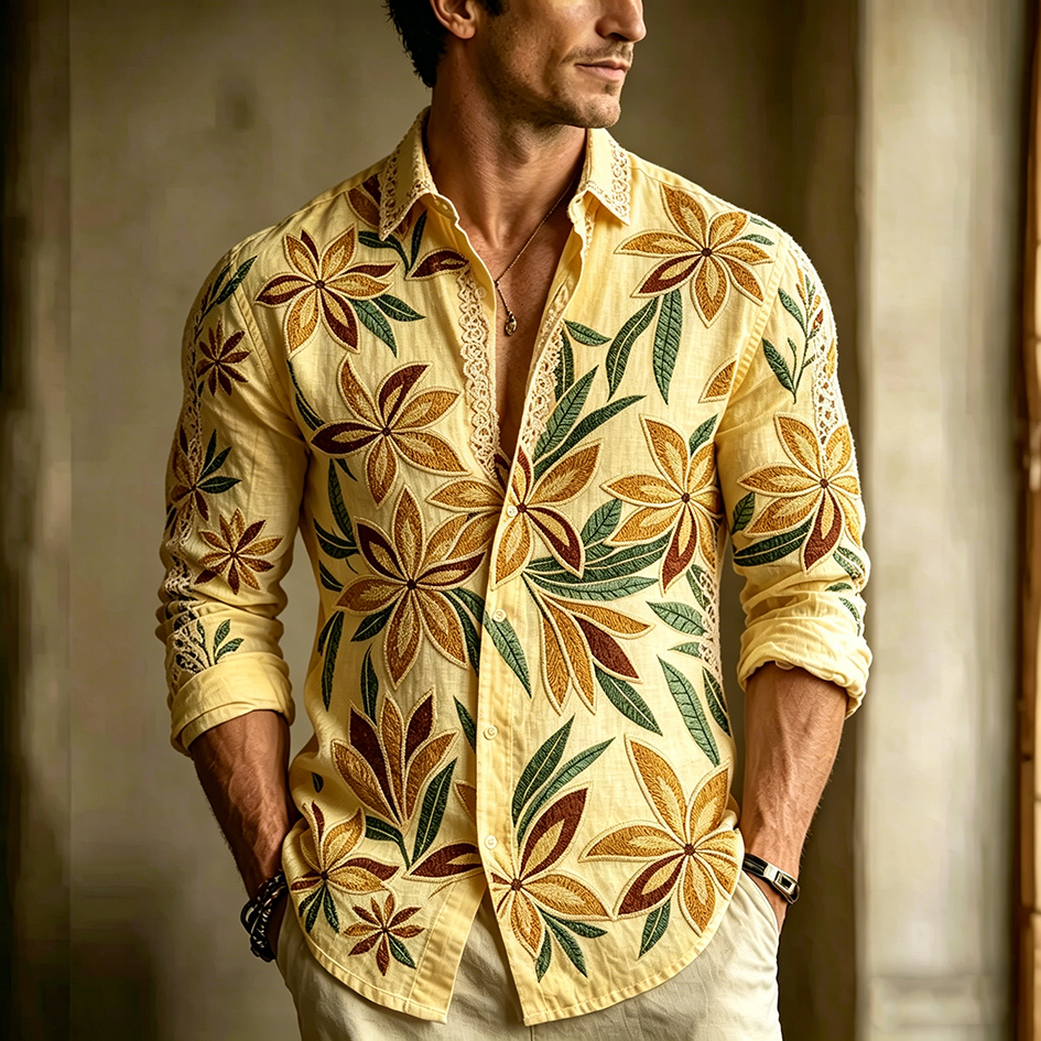 Bohemian Plant Flower Embroidered Pattern Retro Casual Linen Shirt