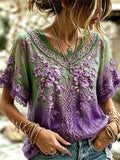 Women's Retro Bohemian Viking Style V-neck Top With Tree Of Life And Floral Embroidery Print