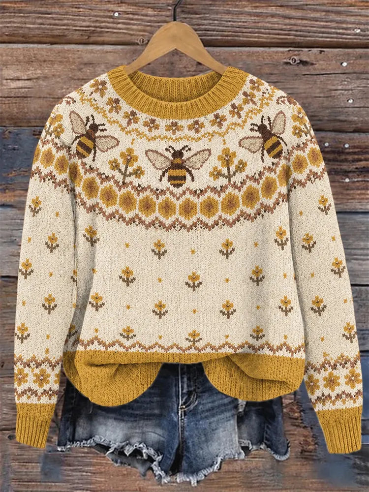 Women's Retro Cute Bee Floral Pattern Cozy Fair Isle Style Knit Sweater