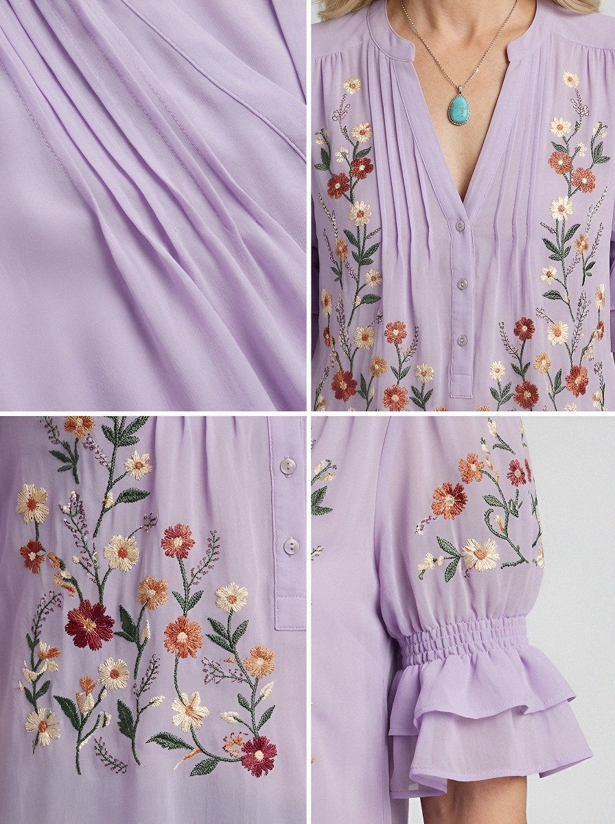 Women's Western Vintage Floral Embroidered Ruffle Sleeve Blouse