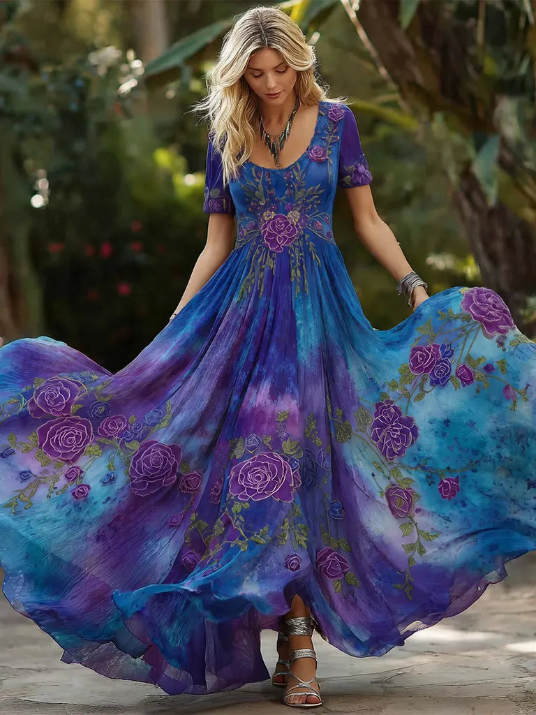 Women's Retro Purple Rose Gradient Pattern Short-sleeved Dress