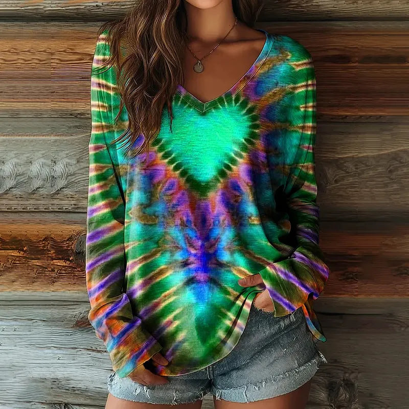 Women's Hippie Heart Tie-dye Art Print Casual V-neck Long Sleeve T-shirt