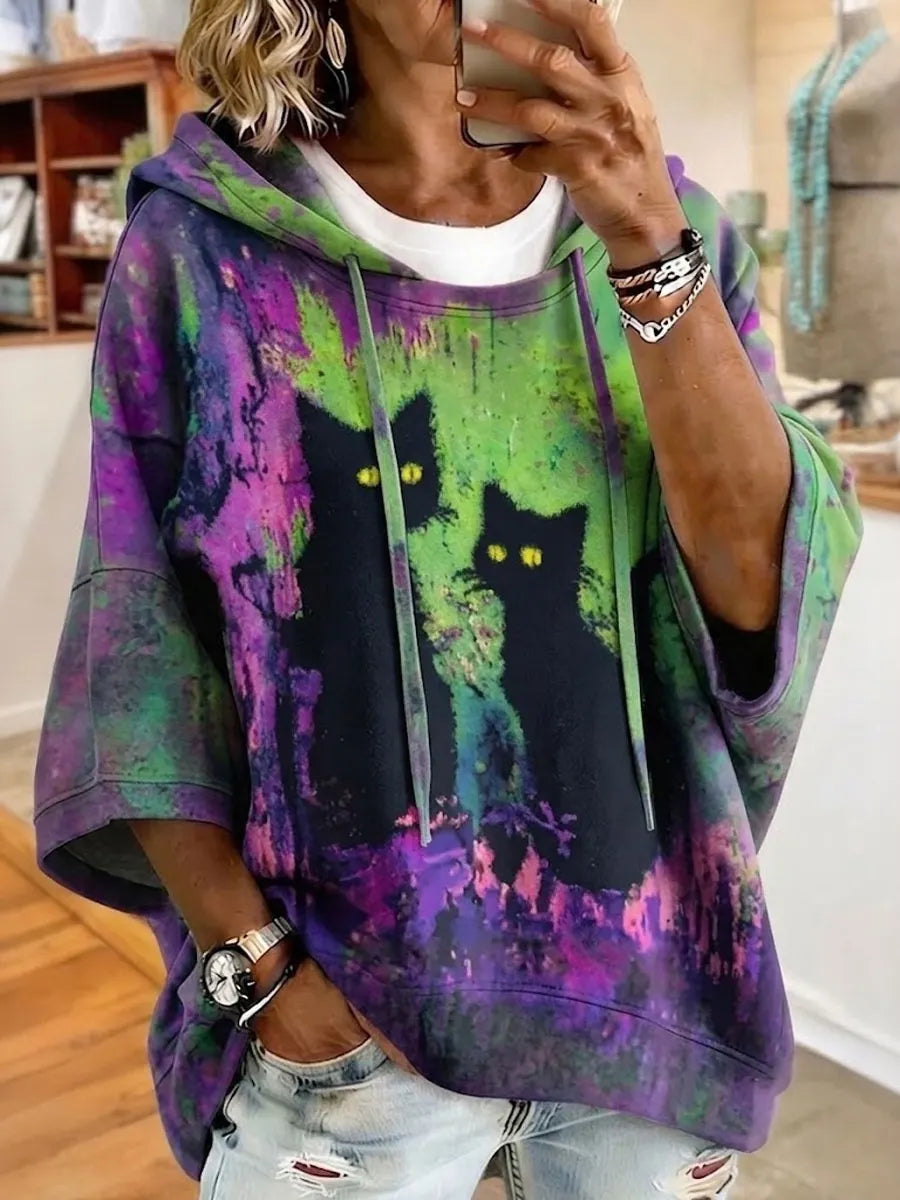 Women's Abstract Art Black Cat Halloween Printed Art Print Hooded