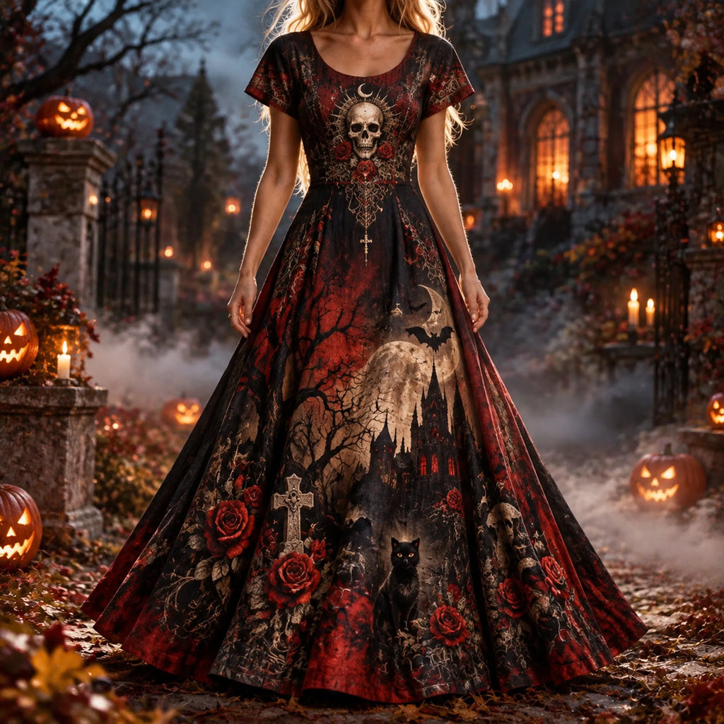 Women's Spooky Halloween Dark Gothic Moon & Castle Long Dress