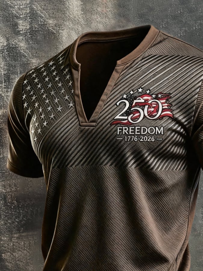 Men's Retro Independence Day Patriot V-Neck Henley Short-Sleeve T-Shirt