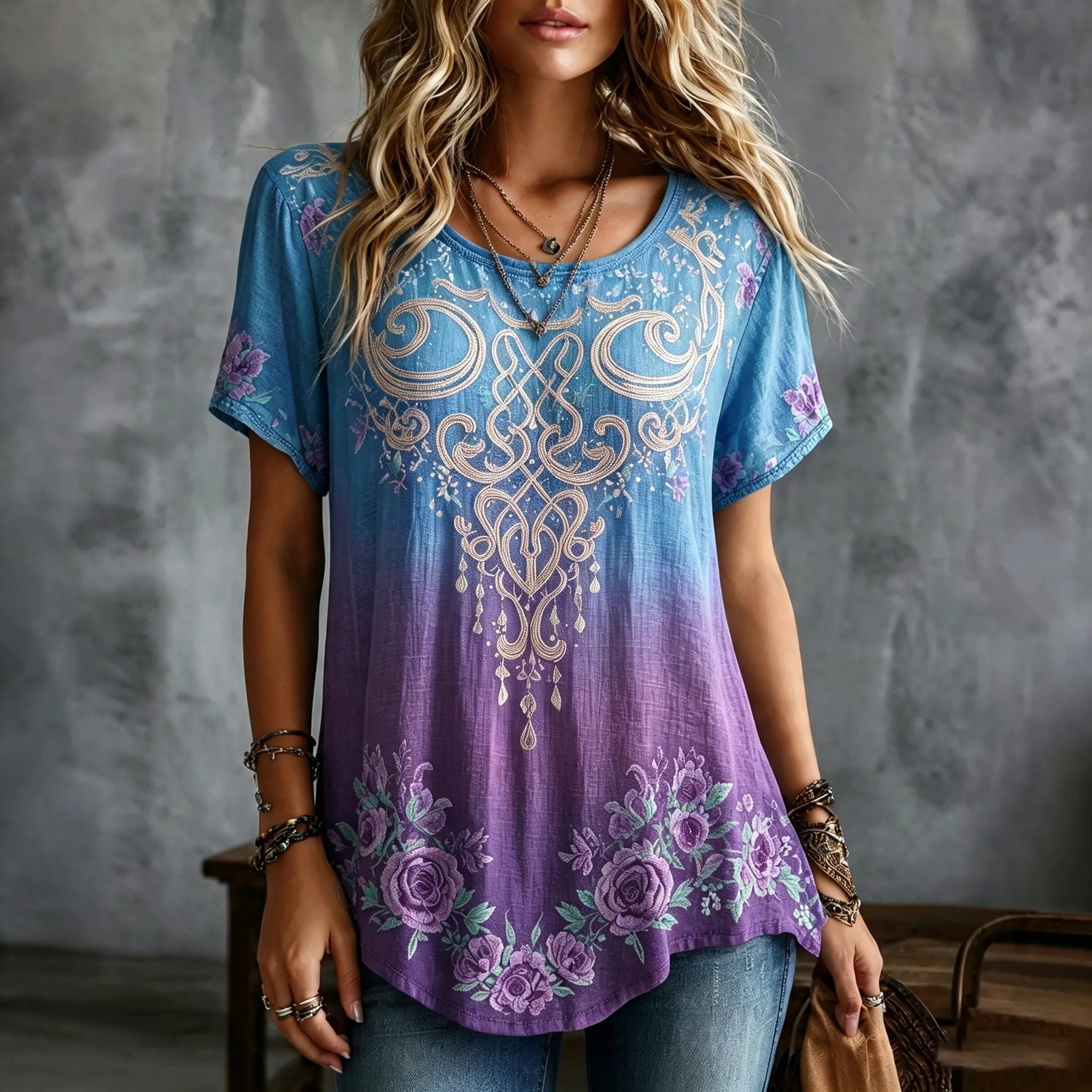 Women's Vintage Celtic Knot Floral Gradient Art Flowy Linen Blend Casual Tops