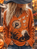 Omen's Halloween Orange Ghost And Dandelion Print V-neck Long Sleeve Top