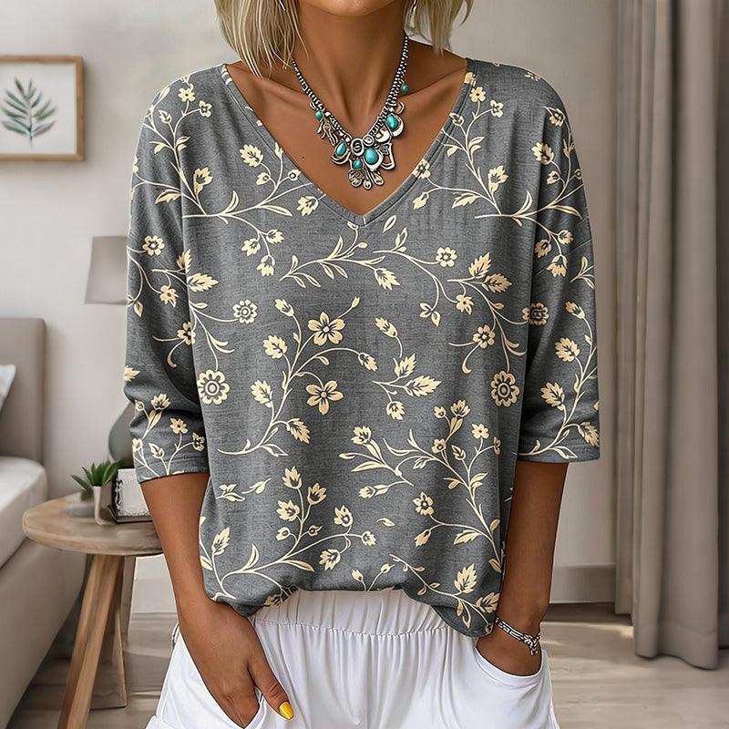 Women's Floral Art Print Flowy Linen Blend  Three-quarter Sleeve V Neck Linen Tops