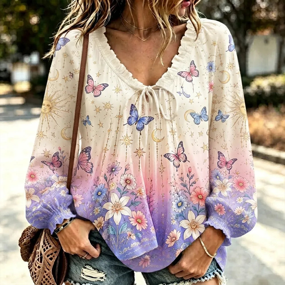 Women's V-neck Long Sleeve Blouse With Drawstring, Ombre Gradient, Celestial Sun, And Floral Print