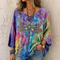 Women's Vintage Diamond Dragonfly Tie Dye Print Linen T-shirt