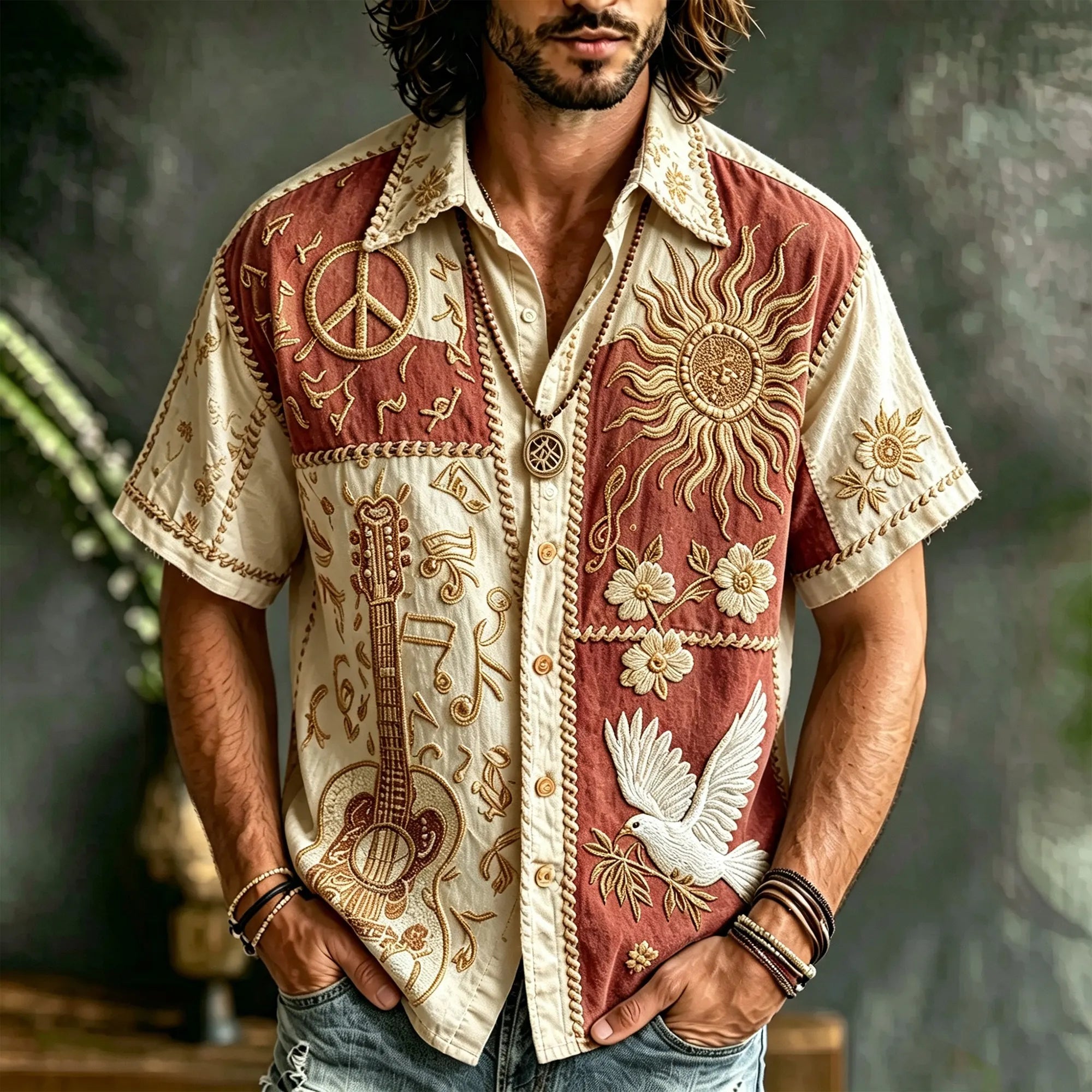 Men's Patchwork Denim Linen Short Sleeve Button Up Shirt, 3d Embroidery Guitar Peace Sign Sun Dove Floral Hippie Boho Vacation Shirt
