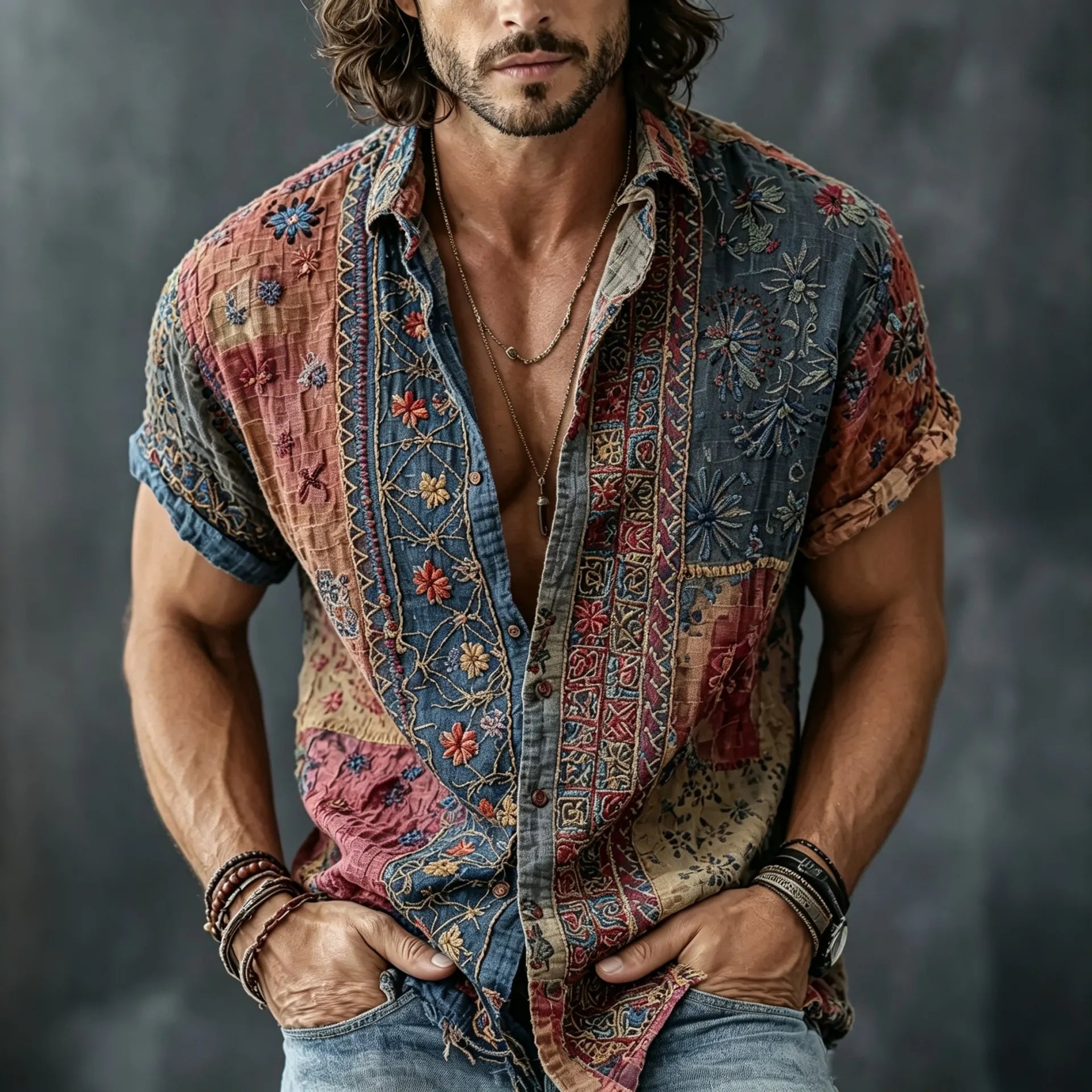Men's Vintage Floral Patchwork Embroidered Art Print Flowy Linen Blend Casual Shirts