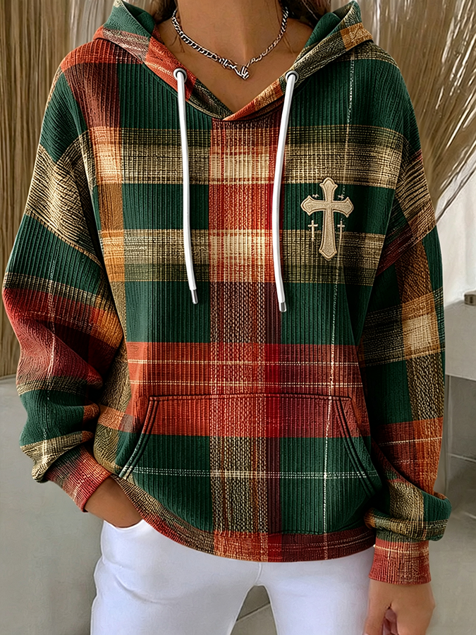 Women's Retro Plaid Three Cross Drawstring Hoodie