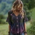 Women's Romantic Celtic Knot With Floral Art Linen Blend  V Neck T-shirt