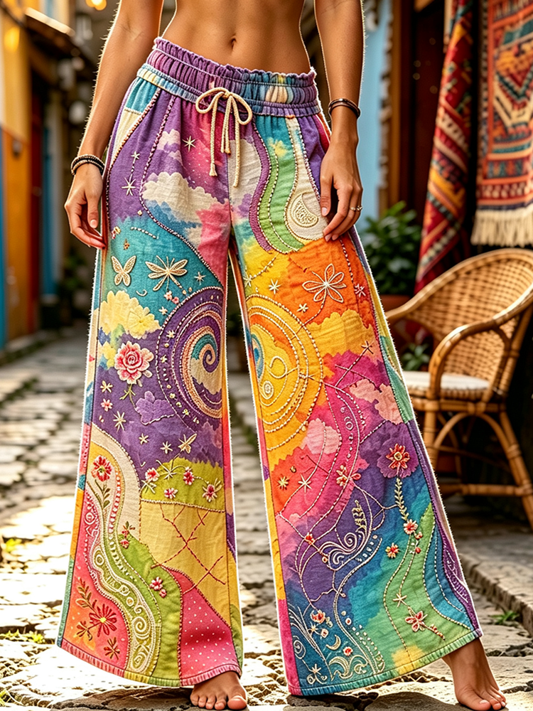 Women's Bohemian-style Patchwork Drawstring Wide-leg Pants, Adorned With Starry Sky, Sun, Moon, And Butterfly Prints.