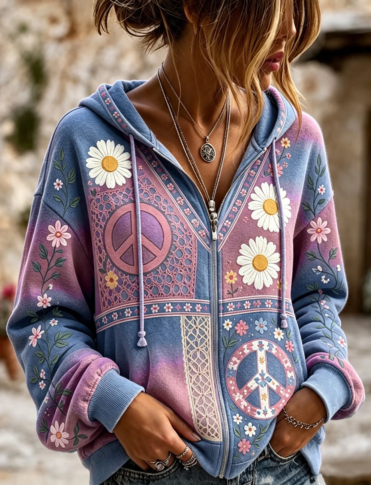 Women's Vintage Hippie Floral Patchwork Art Comfy Zipper Hoodie