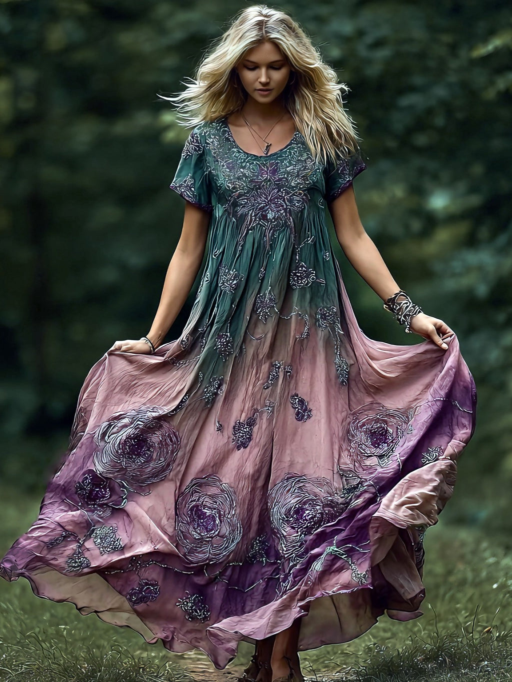 Women's Bohemian-style Floral Print Round Neck Dress
