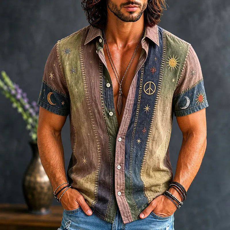 Men's Vintage Patchwork Peace Sign Sun Moon Star Art Print Cotton Linen Shirt