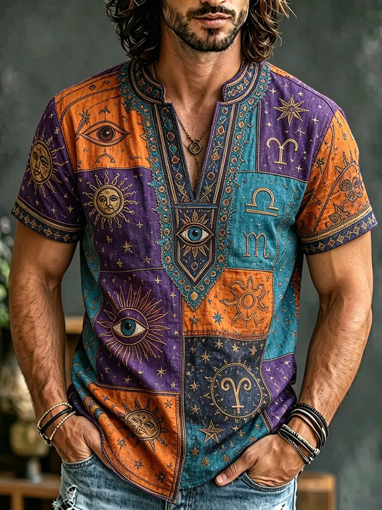 Men's Zodiac Sun, Moon And Stars Patchwork Short-sleeve Cotton Linen Top