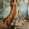 Women's Vintage Hippie Floral And Dragonfly Pattern Art Embroidered Linen Blend Maxi Dress