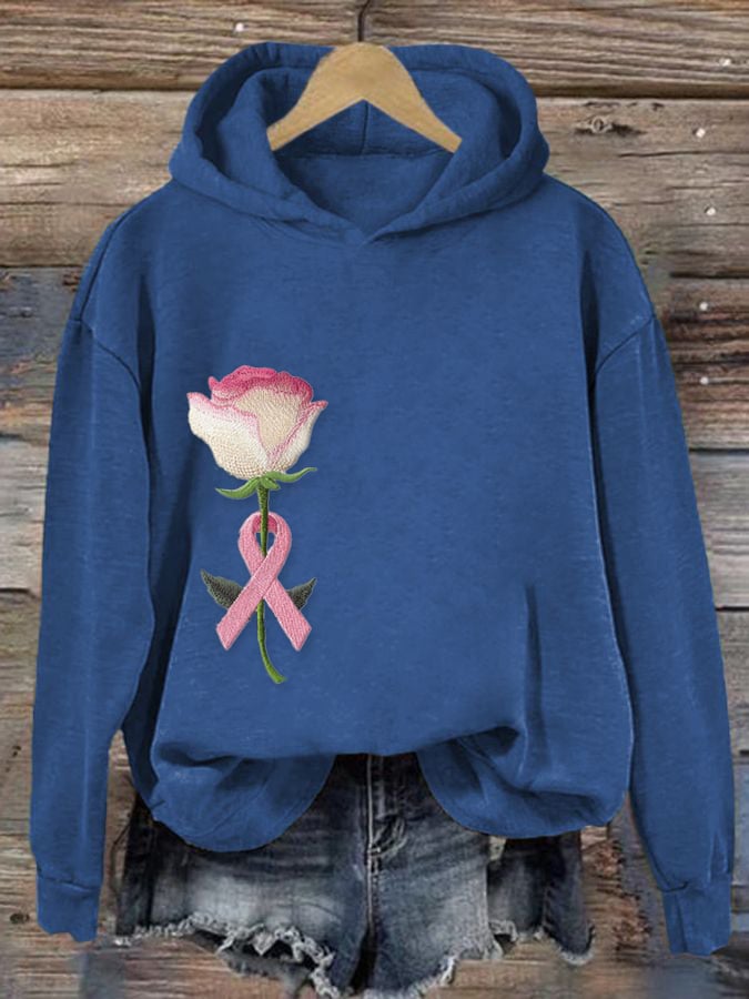 Women's Pink Breast Cancer Floral Print Hoodie