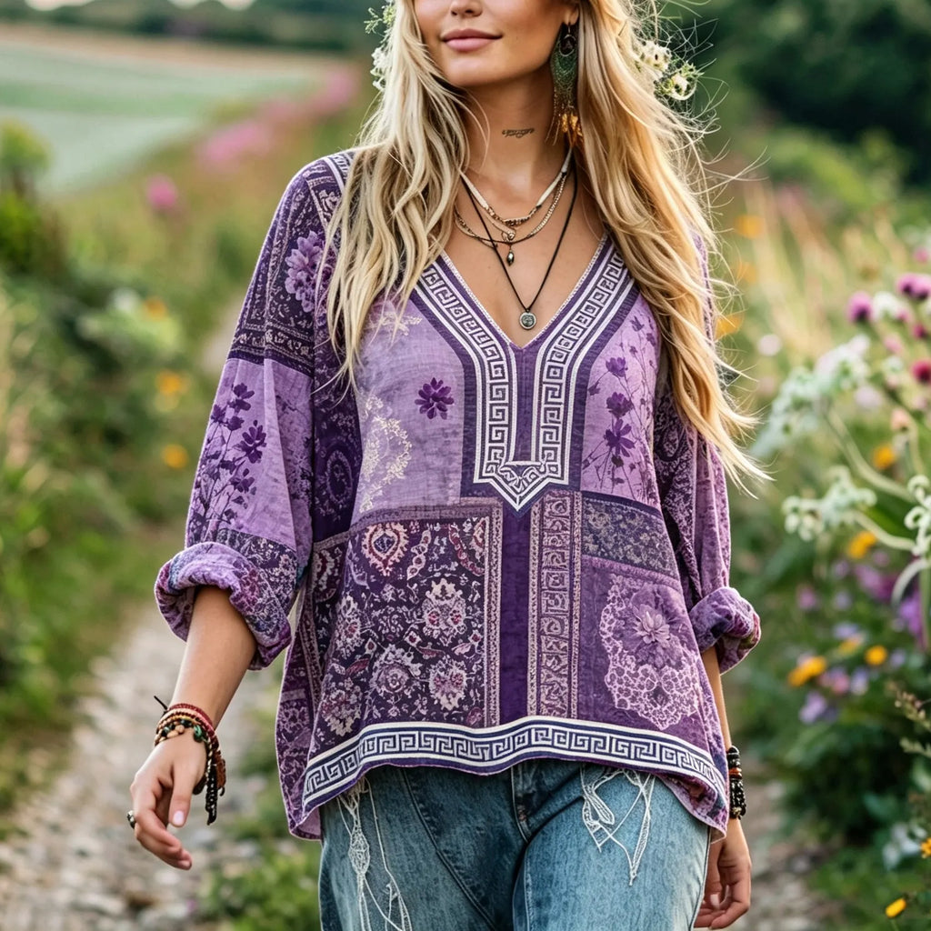Women's Retro Floral Patchwork V-neck Cotton Linen Top