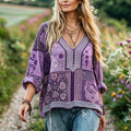 Women's Retro Floral Patchwork V-neck Cotton Linen Top