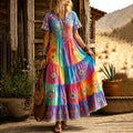 Women's Hippie Floral Peace Sign Contrast Patchwork Round Neck Dress