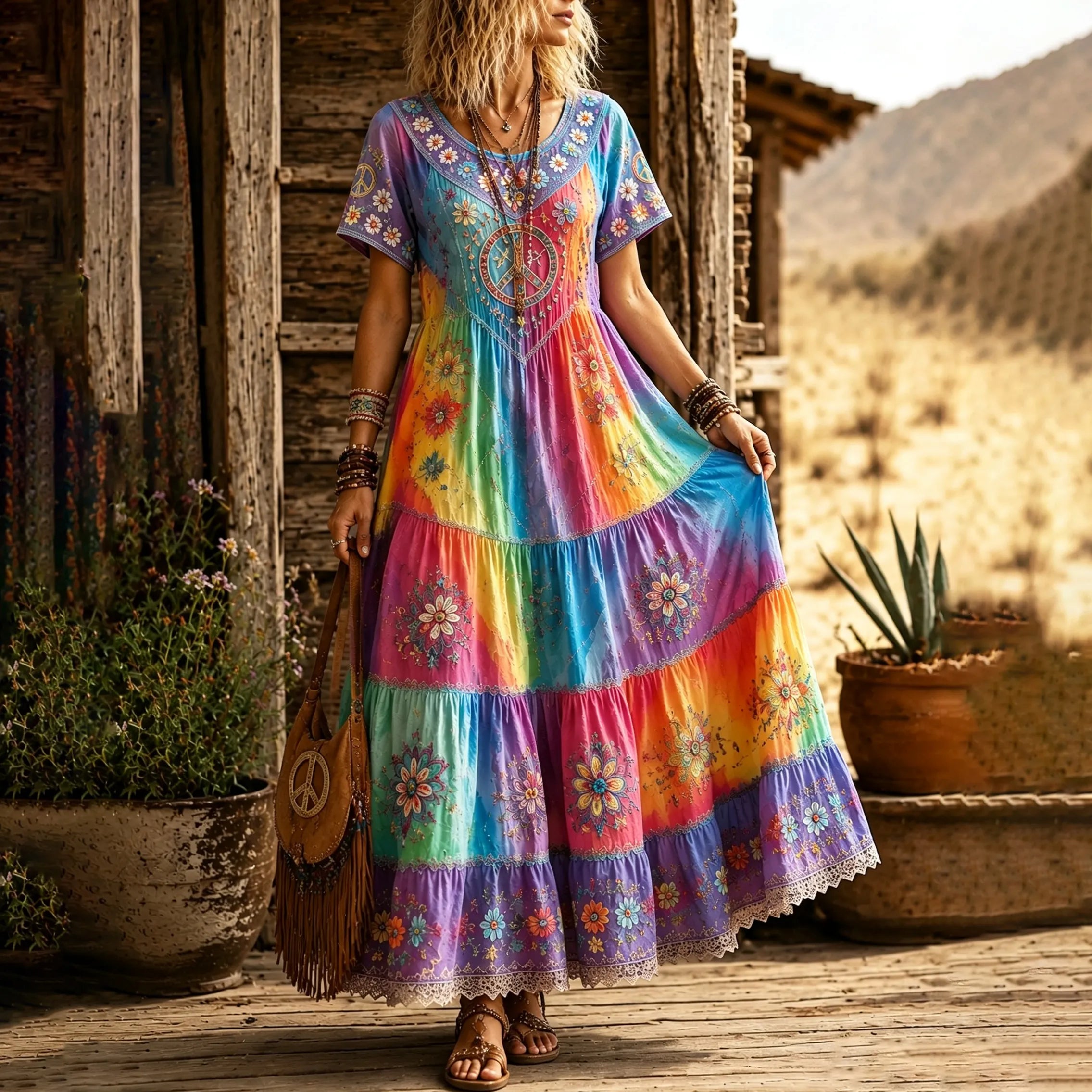 Women's Hippie Floral Peace Sign Contrast Patchwork Round Neck Dress