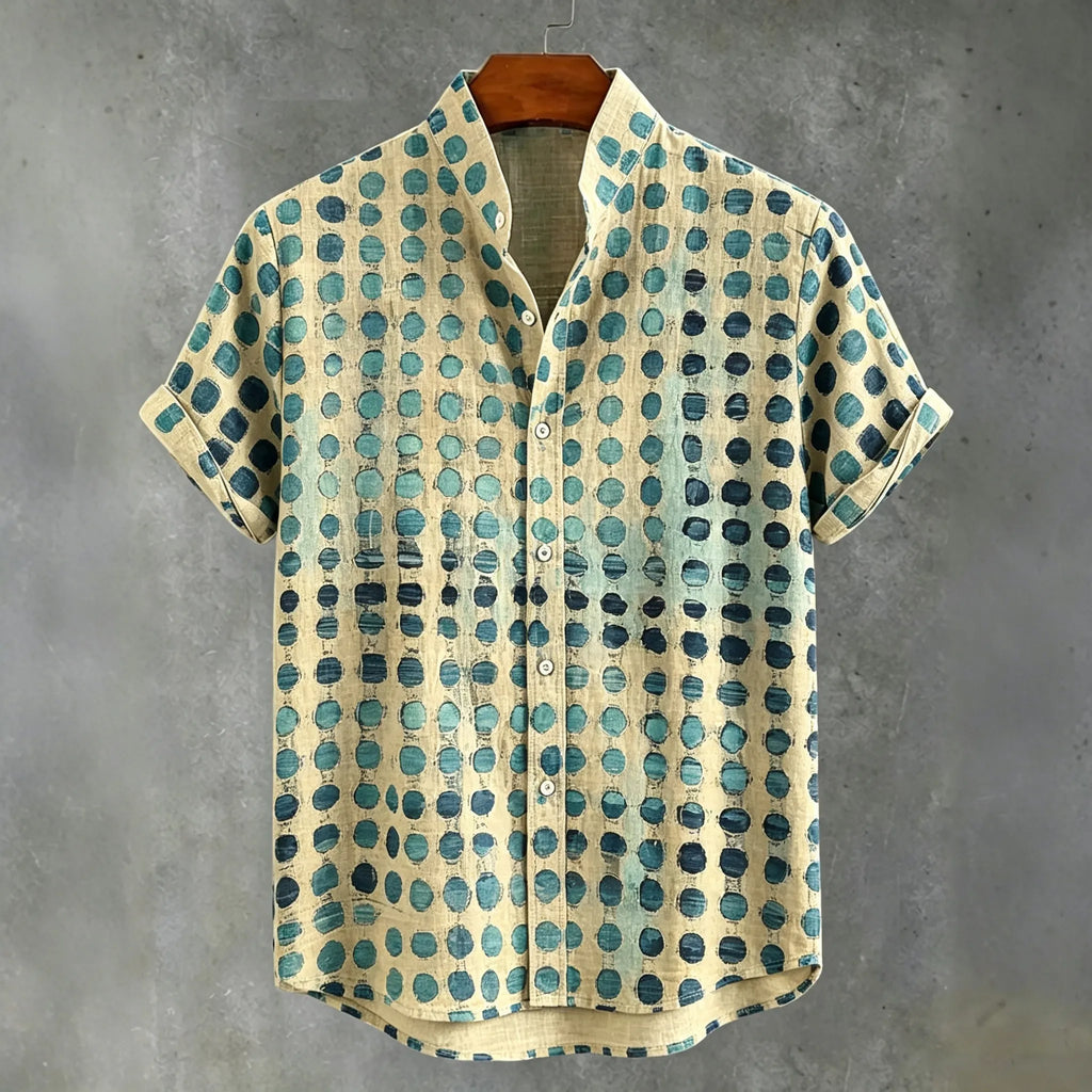Abstract 70s Hippie Gradient Teal‐blue Distressed Oval‐dot Art Print Men's Short Sleeve Button Up Shirt