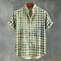 Abstract 70s Hippie Gradient Teal‐blue Distressed Oval‐dot Art Print Men's Short Sleeve Button Up Shirt