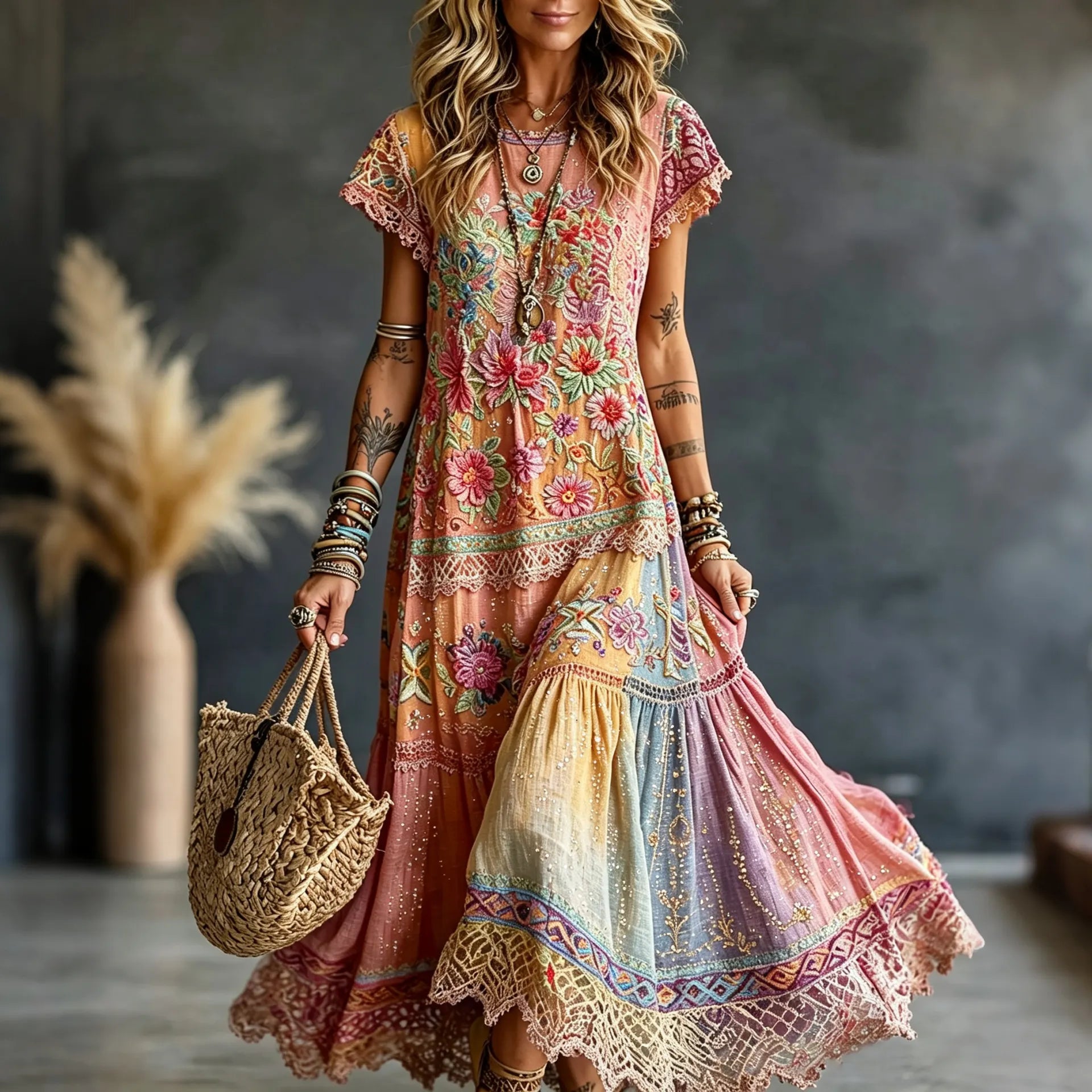 Women's Vintage Floral In Hippie Rainbow Art Print Flowy Linen Blend Linen Blend Maxi Dress