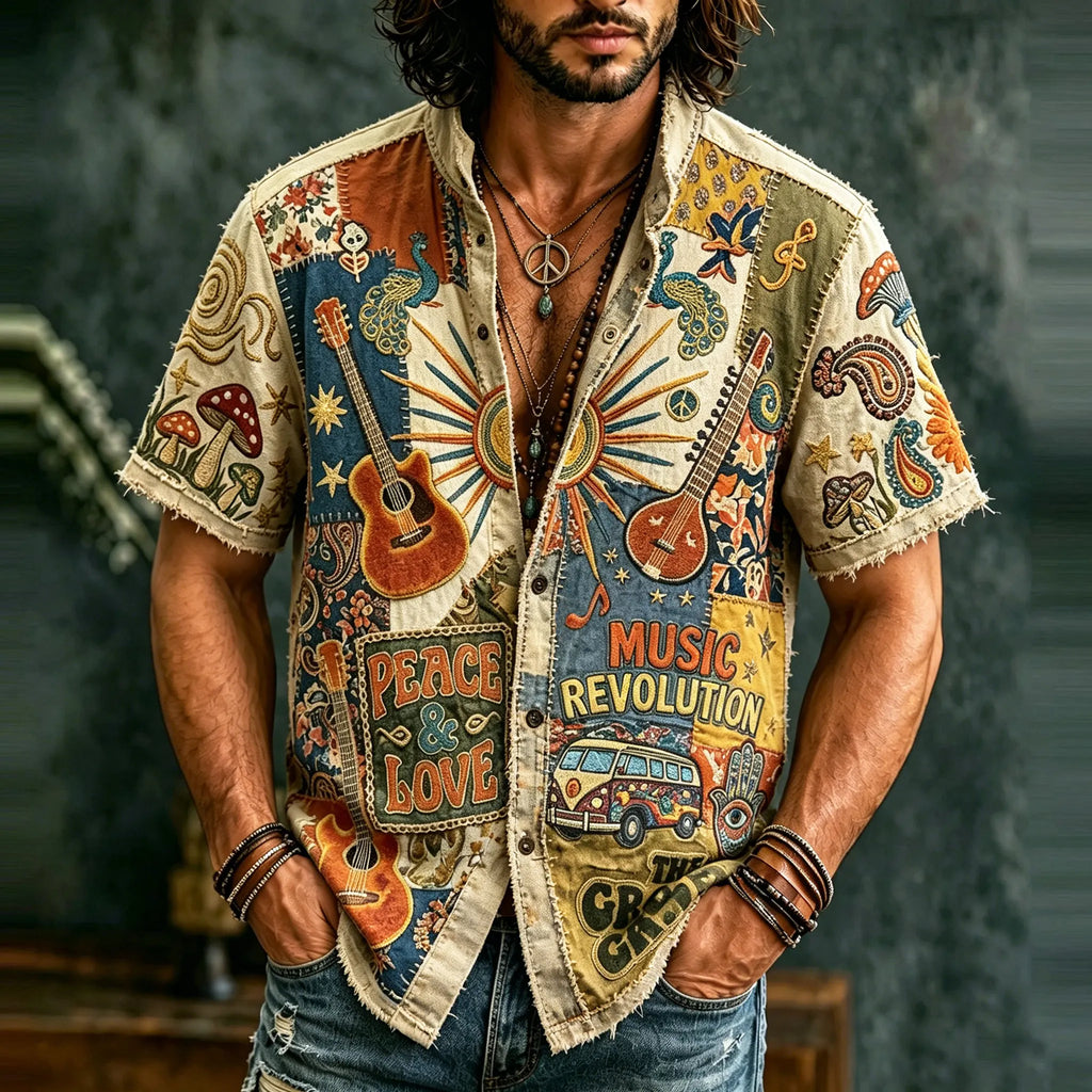 Men's Peace And Love Music Revolution Sun Guitar Peacock Patchwork Art Print Casual Shirt