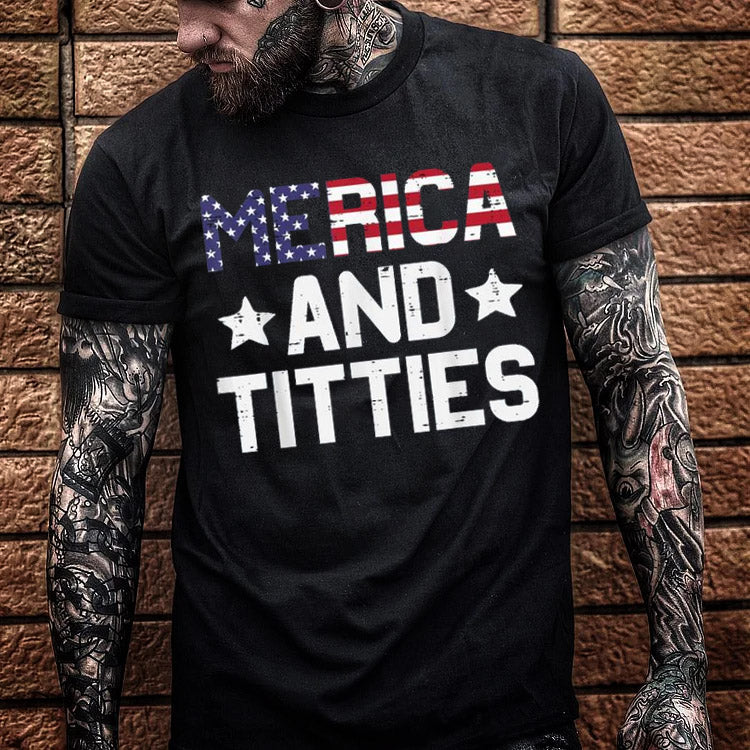 Merica And Titles Pattern Print 100%Cotton T-Shirt