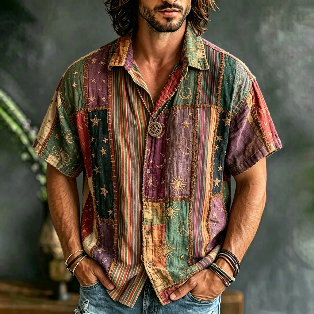 Multicolor Retro Stripe Star Moon Patchwork Hippie Peace Sign Short Sleeve Button Down For Men