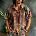 Multicolor Retro Stripe Star Moon Patchwork Hippie Peace Sign Short Sleeve Button Down For Men