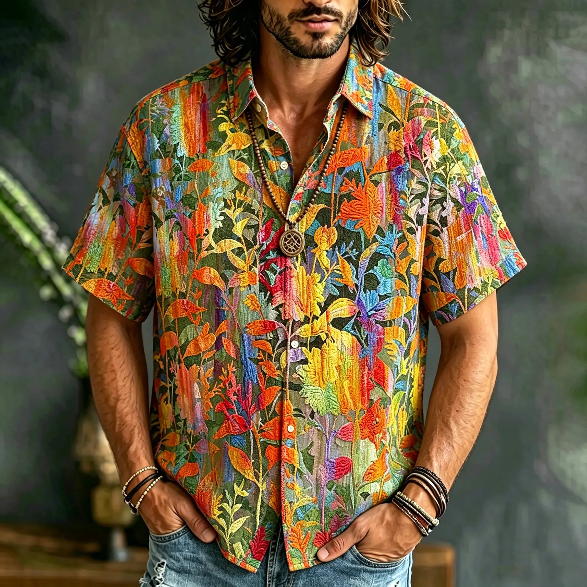 Men's Vintage Boho Hippie Tropical Leaf Print Short Sleeve Button Down Shirt, Casual Linen Textured Floral Embroidery Camp Collar Shirt