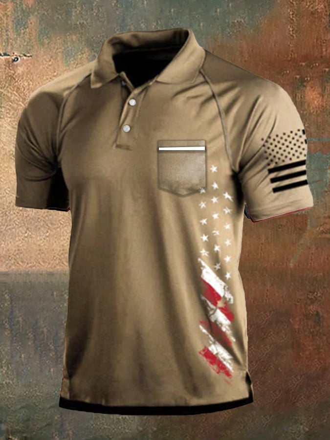 Men's Vintage American Flag Independence Day Pocket Colorblock Polo Shirt