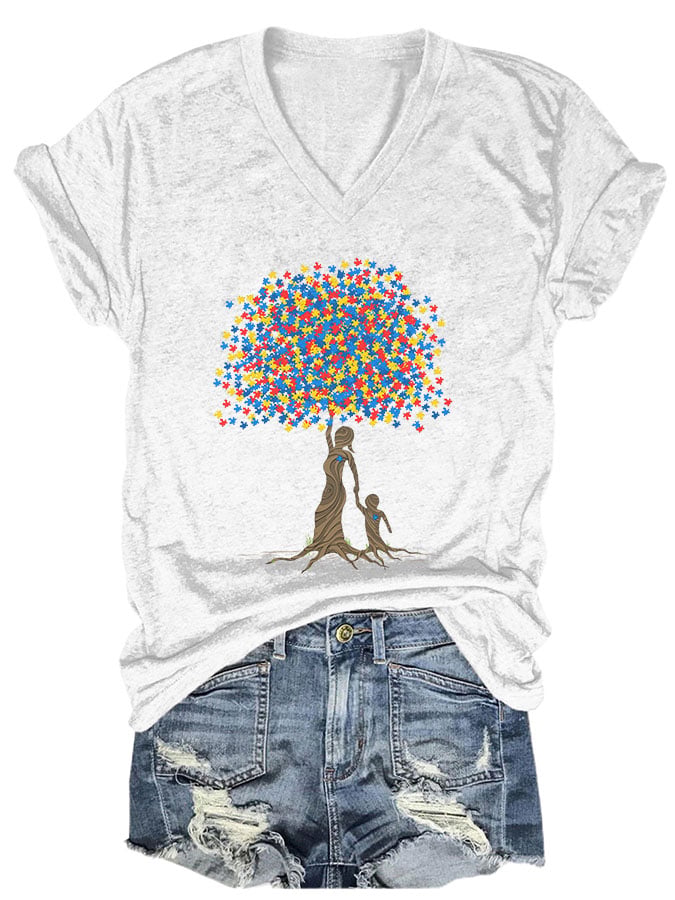 Women's Casual Autism Awareness Printed Short Sleeve T-Shirt