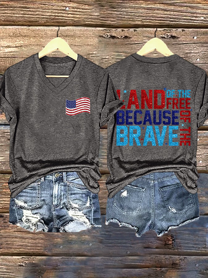 V-Neck Retro Independence Day Land Of The Free Because Of The Brave Print T-Shirt