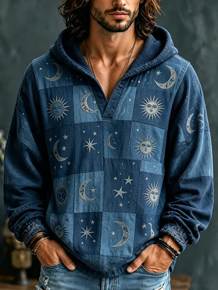Men's Hippie Celestial Sun Moon Star Grid Print V-neck Hoodie