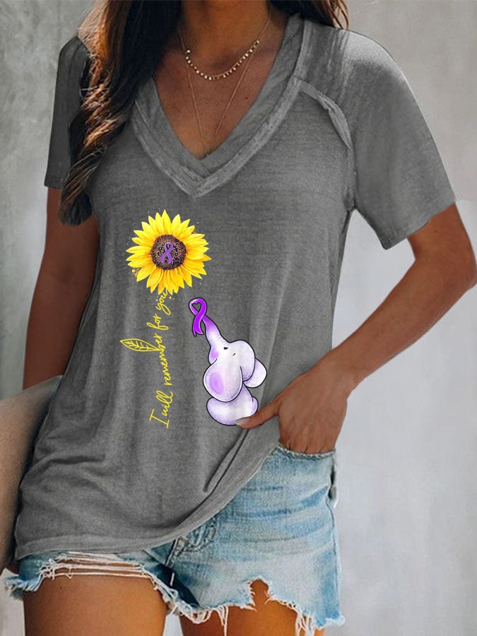 Women's Elephant I Will Remember For You Sunflower Alzheimer Print T-shirt