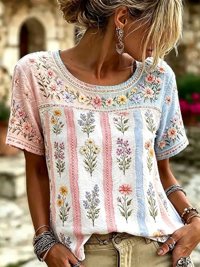Women's Vintage Floral Breast Cancer Print Top