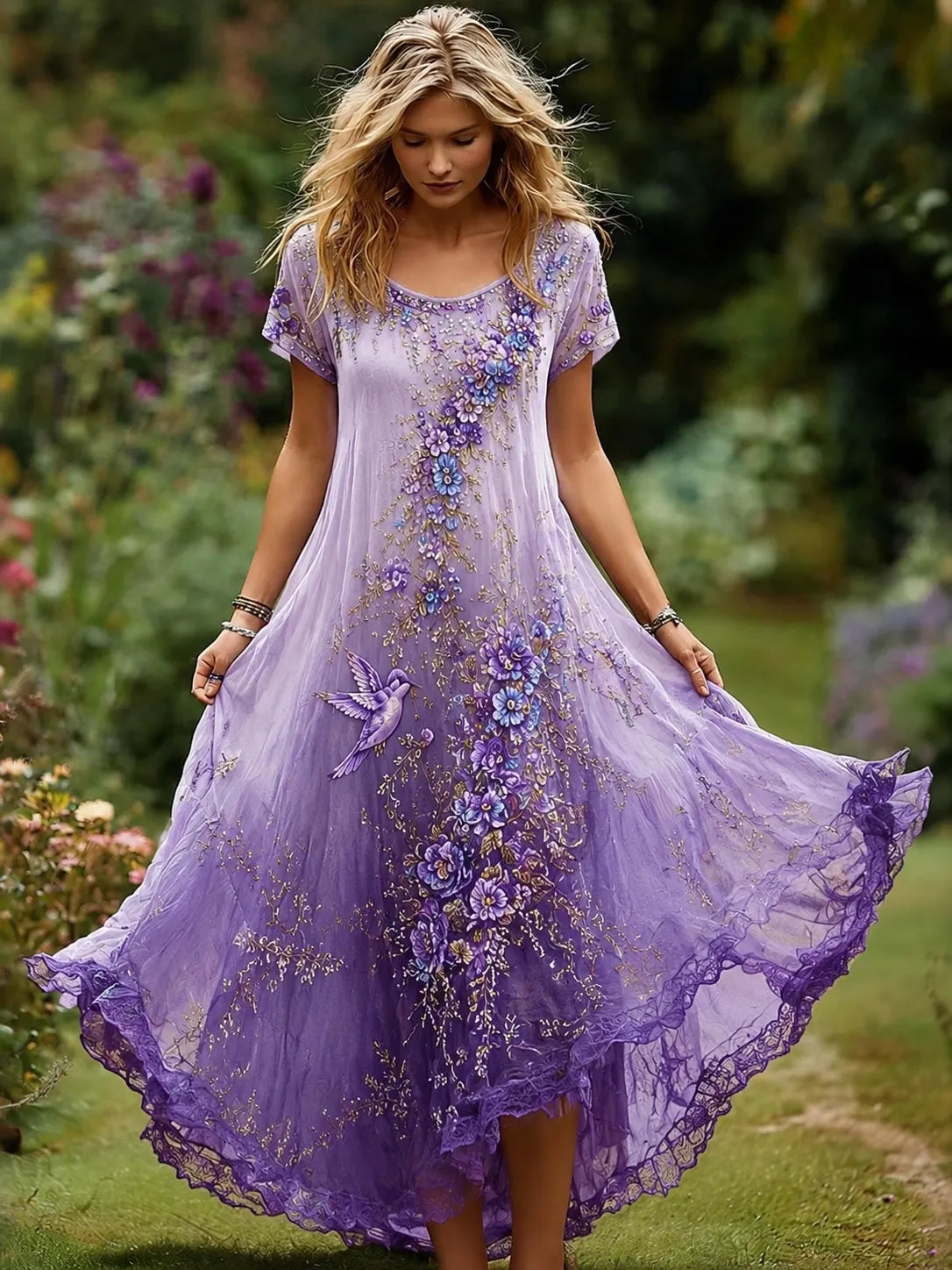 Women's Purple Floral & Hummingbird Print Alzheimer's Awareness Casual Dress