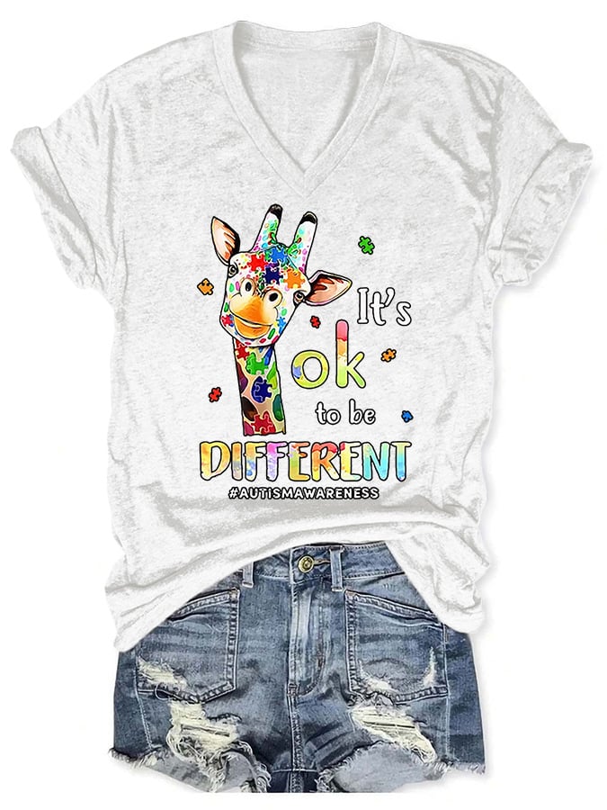 V-neck Autism Awareness Giraffe It's Ok To Be Different Print T-Shirt