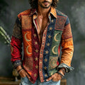 Men's Retro Hippie Moon And Star Print Color-blocked Cotton Linen Casual Long-sleeved Shirt