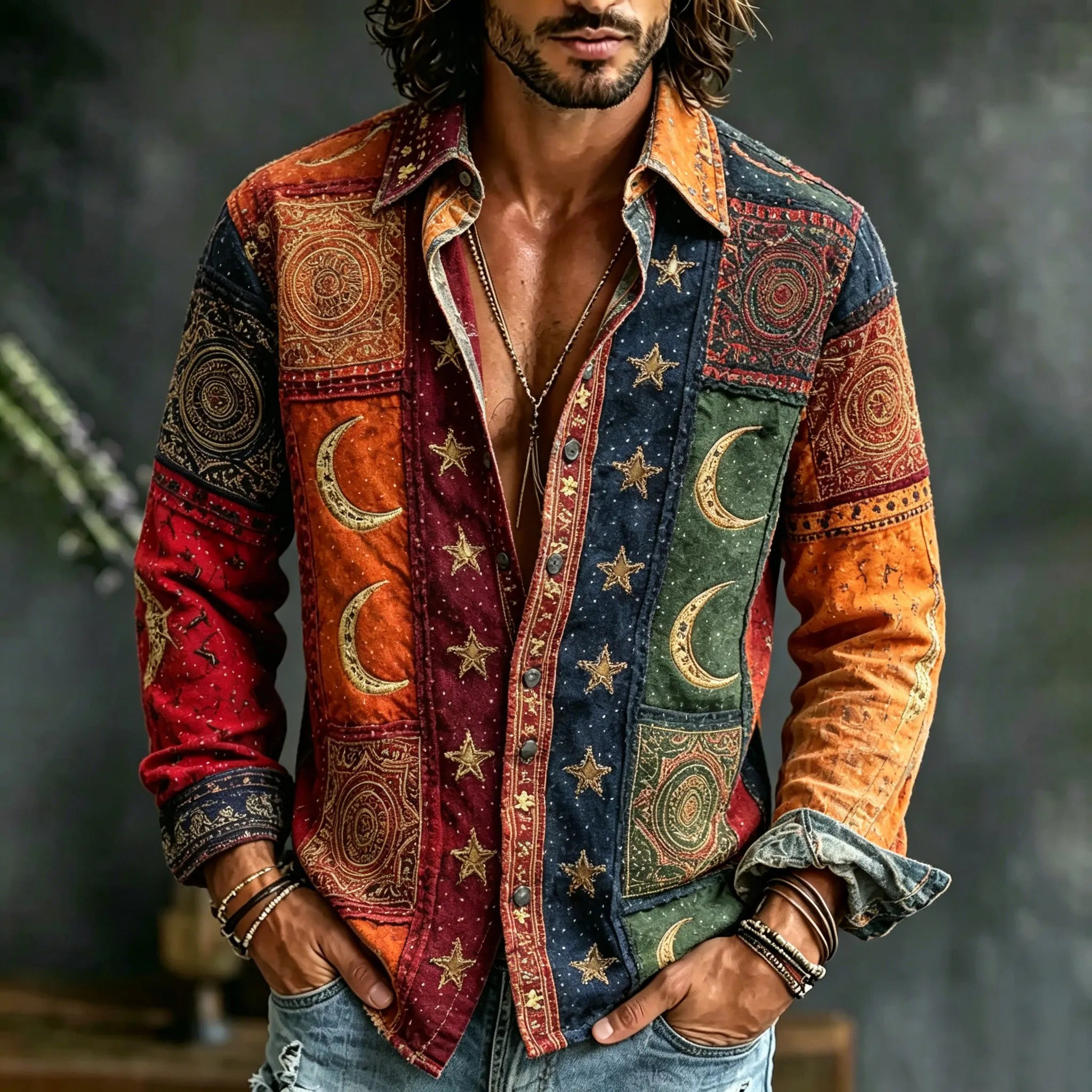 Men's Retro Hippie Moon And Star Print Color-blocked Cotton Linen Casual Long-sleeved Shirt