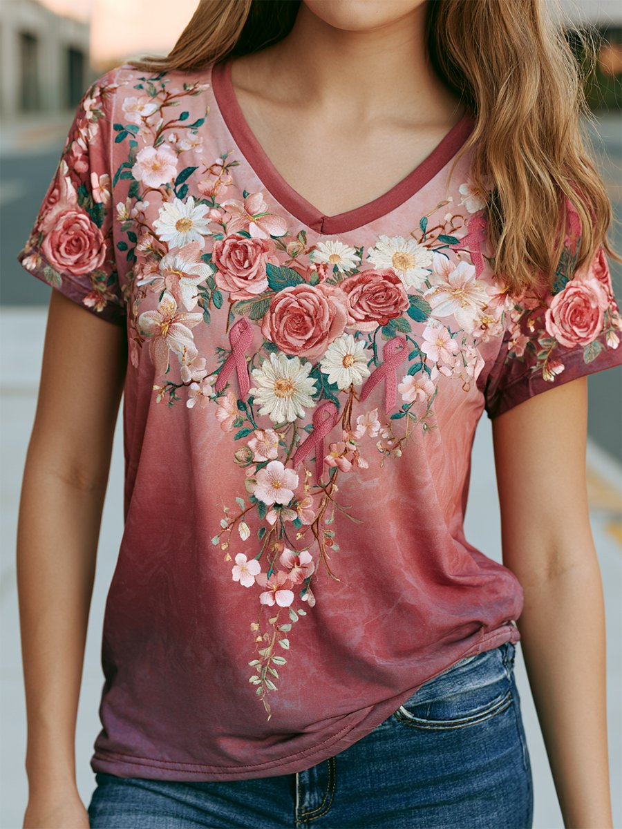 Women's Breast Cancer Awareness Floral Art V-Neck Short-Sleeve T-Shirt
