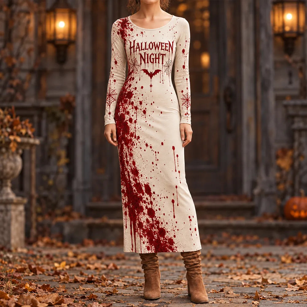 Women's "halloween Night" Blood Splatter And Spider Web Pattern Long-sleeve Maxi Dress